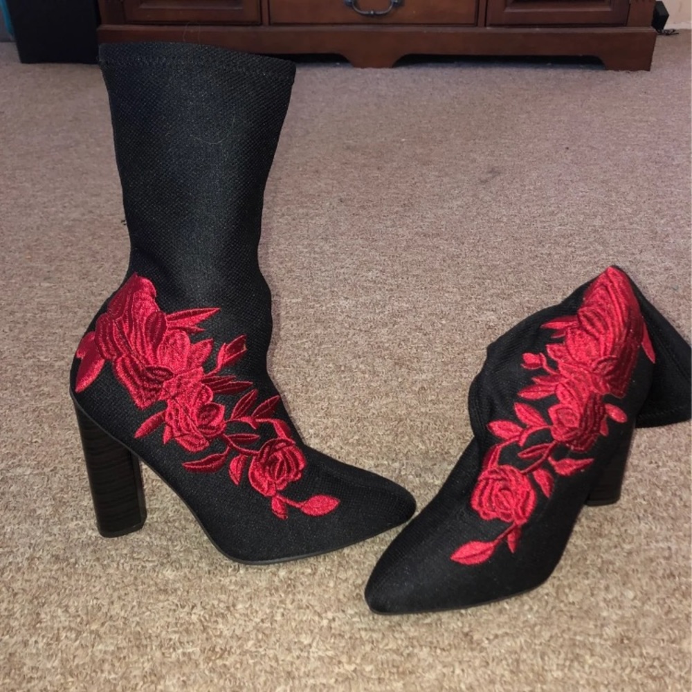 Red Black Embroidered Heel Ankle Booties